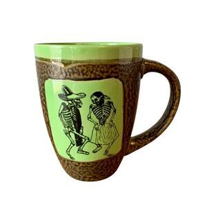 Always Azul Pottery Coffee Mug Dancing Skeletons NO LID 14oz Avocado Glaze USA